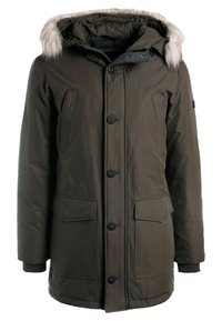 Zielona parka z kapturem obszytym futrem, zapinana na guziki, z dwoma przednimi kieszeniami oraz ściągaczami na mankietach dla zapewnienia ciepła i wygody.