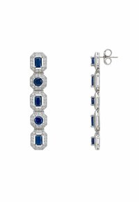 Silver earrings with five alternating blue gemstones and diamond accents; each gemstone is cut in an elongated octagonal shape.