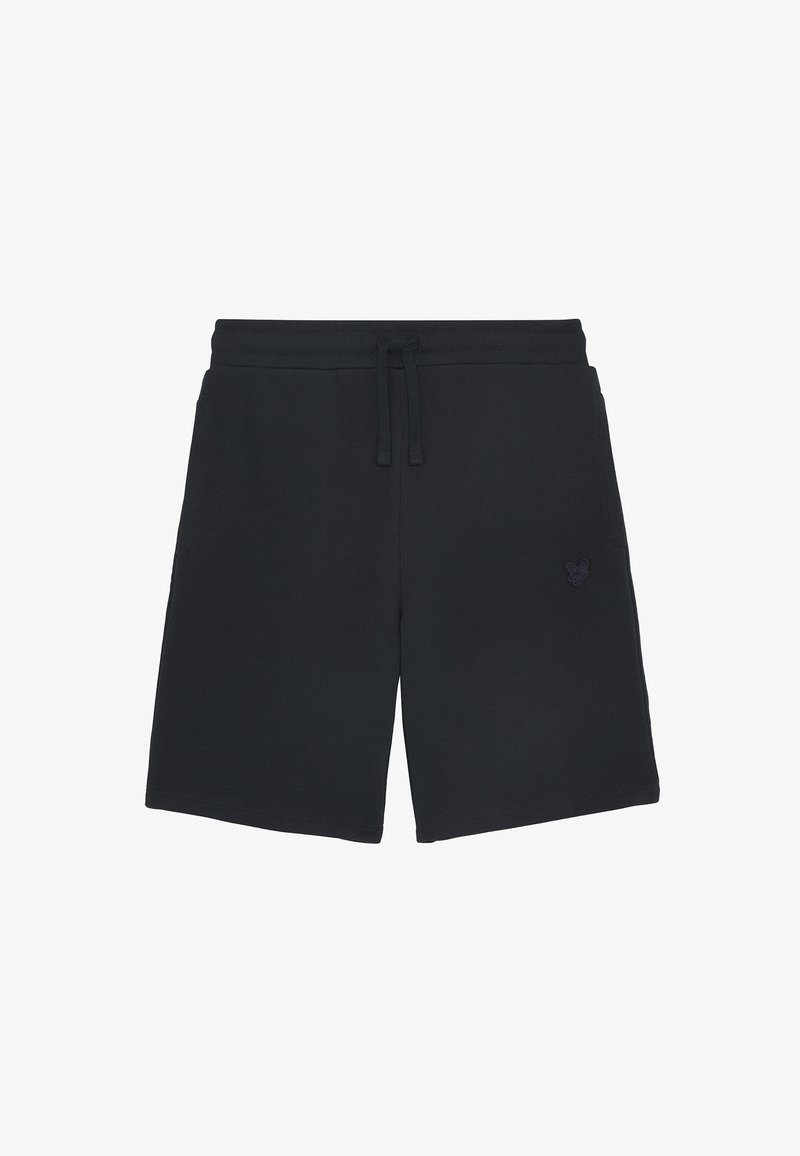 Shorts en coton noir avec une taille élastique, un cordon de serrage ajustable, des poches latérales et un petit logo sur le côté gauche. Texture lisse.