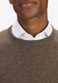 Ruskea neulepaita pyöreällä kauluksella, jossa on hieno tekstuuri. Paita on päällä valkoisen kauluspaidan, joka näkyy neuleen alta.