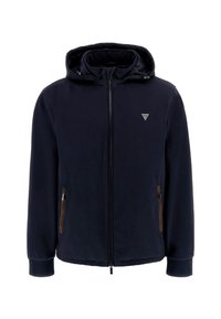 Giacca con cappuccio blu navy con zip frontale e due tasche laterali. Presenta dettagli marroni sulle tasche e un piccolo logo sul petto.