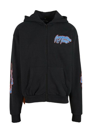 Black zip-up hoodie made of soft fabric, featuring a front pocket and vibrant blue and red graphic on the chest and sleeves.