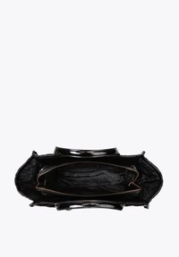 Borsa in pelle verniciata nera con un ampio interno, zip dorata e rivestimento testurizzato con un motivo a logo. Due manici superiori.