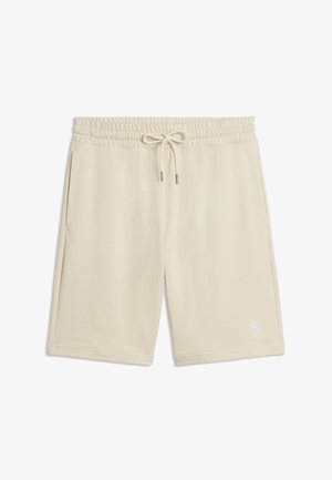 Shorts beige longueur genou avec ceinture élastique et cordon de serrage, poches latérales et petit logo sur la jambe gauche en bas.