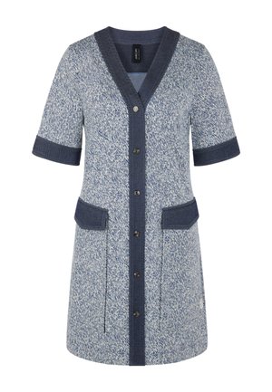 Knee-length blue and white speckled dress with dark blue trim, button front, short sleeves, and two front flap pockets.