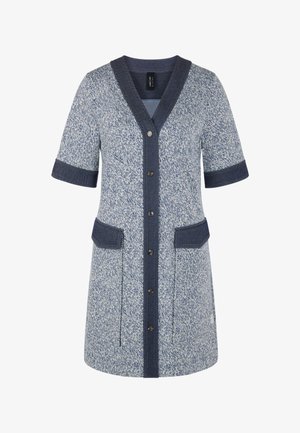 Knee-length blue and white speckled dress with dark blue trim, button front, short sleeves, and two front flap pockets.