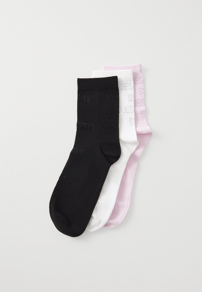 Three pairs of ankle socks: black, white, and light pink. Each features a subtle logo pattern, made from a smooth, stretchy material.