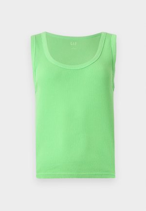 Roheline ribatop, millel on ümmargune kaelus ja ilma varrukateta disain, valmistatud pehmest ja venivast materjalist. Omab õrna tekstuuri kogu ulatuses.