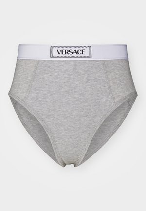 Gray cotton briefs with a white elastic waistband featuring a black "VERSACE" logo label at the front. Smooth texture, high-waisted design.