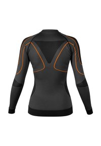 Long-sleeve athletic shirt in black with orange accent seams. Textured fabric paneling and fitted design for active wear.