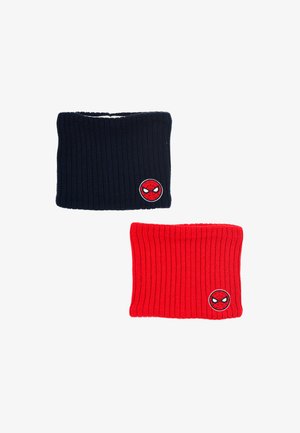 Twee geribbelde nekverwarmers: één in marineblauw met een Spiderman-embleem, de ander in rood met een vergelijkbaar embleem. Gebreide textuur, zachte stof, elastische pasvorm.