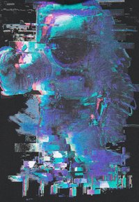 Tela negra con un gráfico distorsionado de un astronauta en tonos de azul, púrpura y blanco, mostrando efectos de glitch digital.
