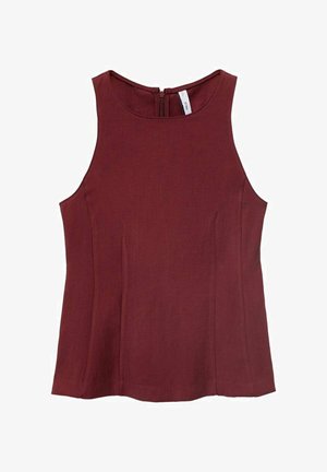 Burgundy ärmlös topp med hög halsringning, slät textur och detaljer med dragkedja bak. Ingen mönstring; har skräddarsydda sidor.