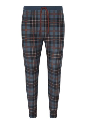 Plaid lounge pants in blue, black, and brown. Features an elastic waistband with drawstring. Made from soft fabric. Tapered leg design.