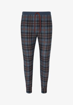 Pantaloni lounge a quadri in blu, nero e marrone. Presentano un elastico in vita con cordino. Realizzati in un tessuto morbido. Design con gamba affusolata.