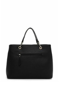 Borsa a tracolla nera in pelle con texture a granulato, dotata di due manici, una tasca frontale con zip e dettagli in metallo color oro.