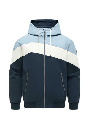 Kurtka z kapturem na zamek błyskawiczny z przodu, dwie kieszenie na zamek, ściągacze na mankietach oraz wzór w kontrastowych kolorach: jasny niebieski, biały i granatowy.