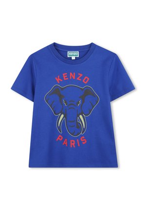 Blauwe katoenen t-shirt met een grafisch ontwerp van het hoofd van een olifant, met "KENZO" erboven en "PARIS" eronder in rode tekst. Korte mouwen en een ronde hals.