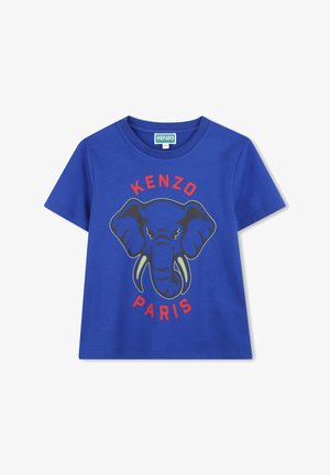 Blauwe katoenen t-shirt met een grafisch ontwerp van het hoofd van een olifant, met "KENZO" erboven en "PARIS" eronder in rode tekst. Korte mouwen en een ronde hals.