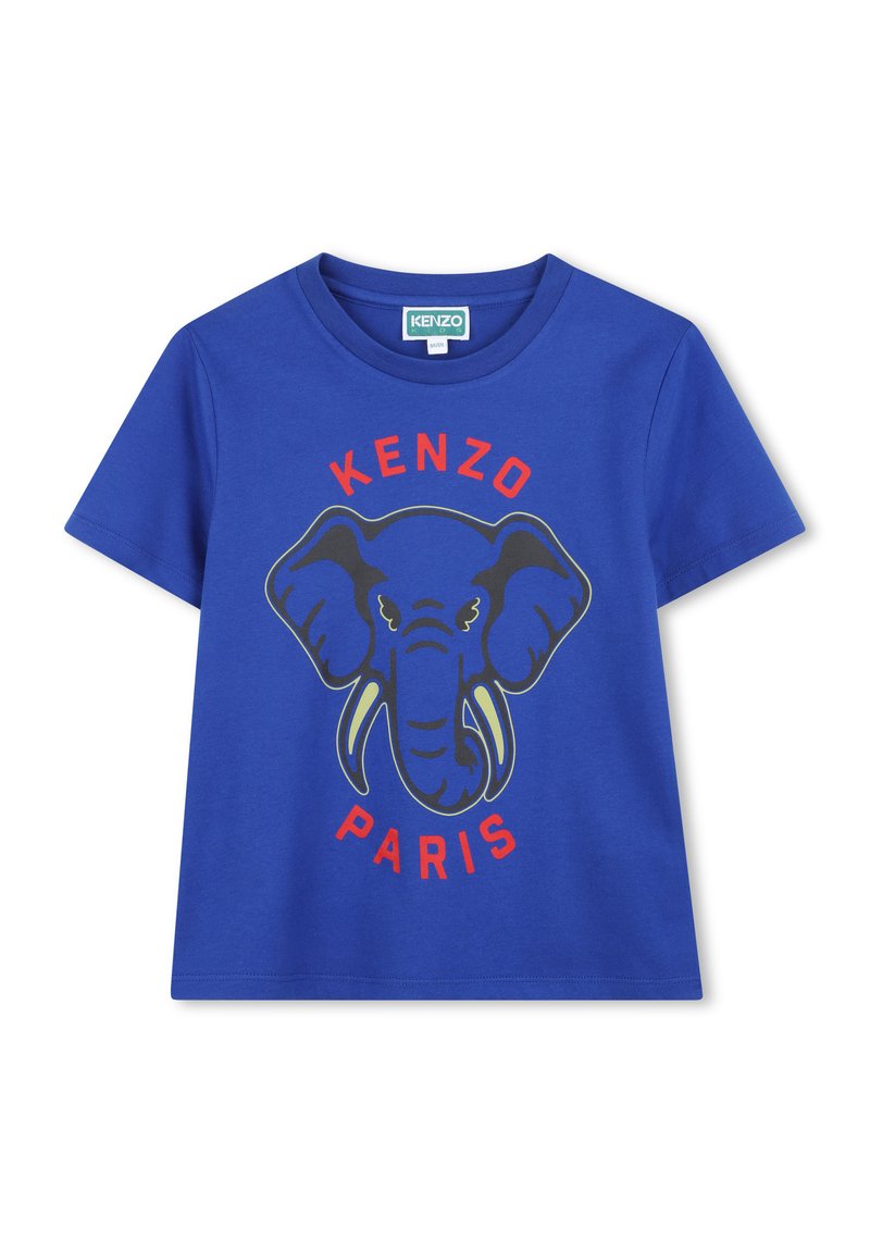 T-shirt en coton bleu avec une illustration de tête d'éléphant, avec "KENZO" au-dessus et "PARIS" en dessous en texte rouge. Manches courtes et col rond.