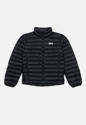 Doudoune noire avec quilting horizontal, fermeture éclair intégrale à l'avant, col haut, poignets élastiques et logo blanc "HH" sur la poitrine.