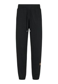 Pantaloni jogger neri realizzati in tessuto morbido, con vita elastica e cordino, gamba affusolata e un piccolo dettaglio del logo sul lato.