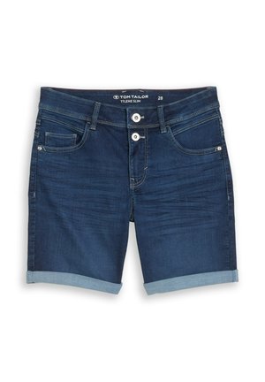 Dark blue slim-fit denim shorts with rolled cuffs, two buttons, belt loops, and front and back pockets.