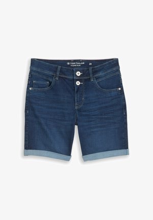 Dark blue slim-fit denim shorts with rolled cuffs, two buttons, belt loops, and front and back pockets.