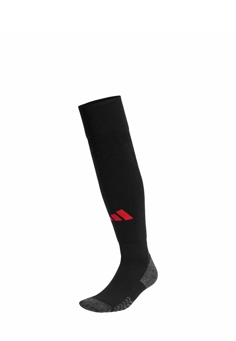 Black knee-high soccer sock with red logo and grey accents on the foot. Knit material with a smooth texture, designed for athletic use.