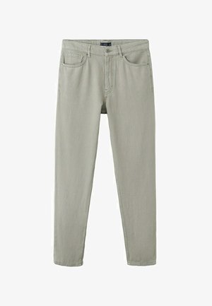 Light gray straight-leg jeans with front pockets, belt loops, button closure, and visible stitching details.