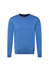 Blauer gestrickter Pullover mit Rundhalsausschnitt, langen Ärmeln und gerippten Bündchen. Hergestellt aus weichem Material, verfügt er über eine subtile Textur und eine taillierte Passform.