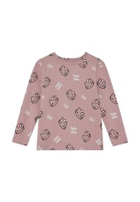 Ein hellrosa Langarmshirt mit einem Allover-Muster von Hello Kitty-Gesichtern und Akzenten, aus weichem, dehnbarem Stoff.