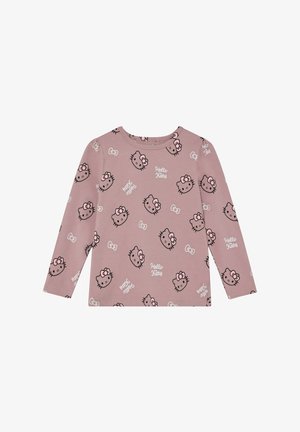 Ein hellrosa Langarmshirt mit einem Allover-Muster von Hello Kitty-Gesichtern und Akzenten, aus weichem, dehnbarem Stoff.