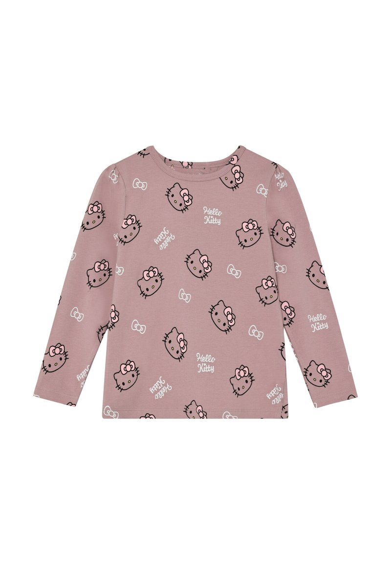 Ein hellrosa Langarmshirt mit einem Allover-Muster von Hello Kitty-Gesichtern und Akzenten, aus weichem, dehnbarem Stoff.