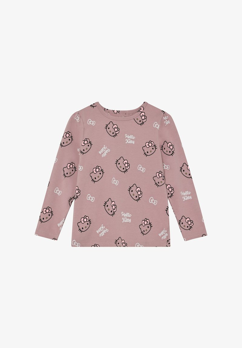 Ein hellrosa Langarmshirt mit einem Allover-Muster von Hello Kitty-Gesichtern und Akzenten, aus weichem, dehnbarem Stoff.
