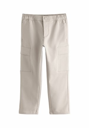 Beige bukser med lige ben, elastisk talje, trykknaplukning og store klaplommer på begge lår.