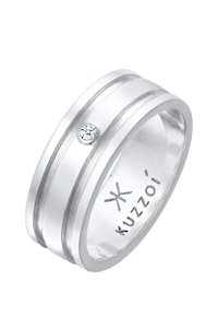 Silver ring with two horizontal grooves and a small diamond accent. Smooth texture, rounded shape, engraved brand name inside.