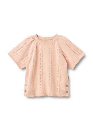 Maglione corto a maniche corte di colore rosa chiaro in maglia, con motivi verticali ad occhiello, scollo arrotondato e dettagli con bottoni sui lati inferiori.