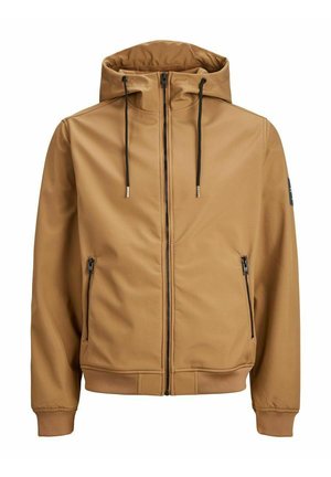 Braune Zip-Jacke mit Kapuze, ausgestattet mit schwarzen Zugbändern, zwei seitlichen Reißverschlusstaschen und einer weichen Außenbeschaffenheit.
