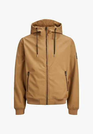 Bruine zip-up jas met een capuchon, voorzien van zwarte koordjes, twee ritszakken aan de zijkant en een zachte buitenkant.