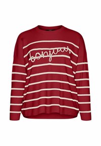 Rode sweatshirt met witte horizontale strepen, met het woord "bonjour" in witte cursieve letters over de voorkant, lange mouwen en een ontspannen pasvorm.