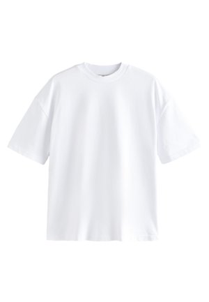 Lihtne valge lühikeste varrukatega ümmarguse kaelusega T-särk, lahtise istuvuse ja sileda kangaga, valgel taustal.