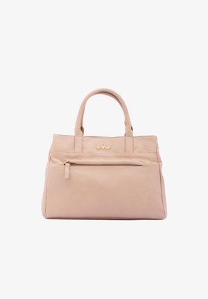Sac à main en cuir beige avec deux poignées courtes, poche zippée à l'avant et logo doré. Fini texturé et design structuré.