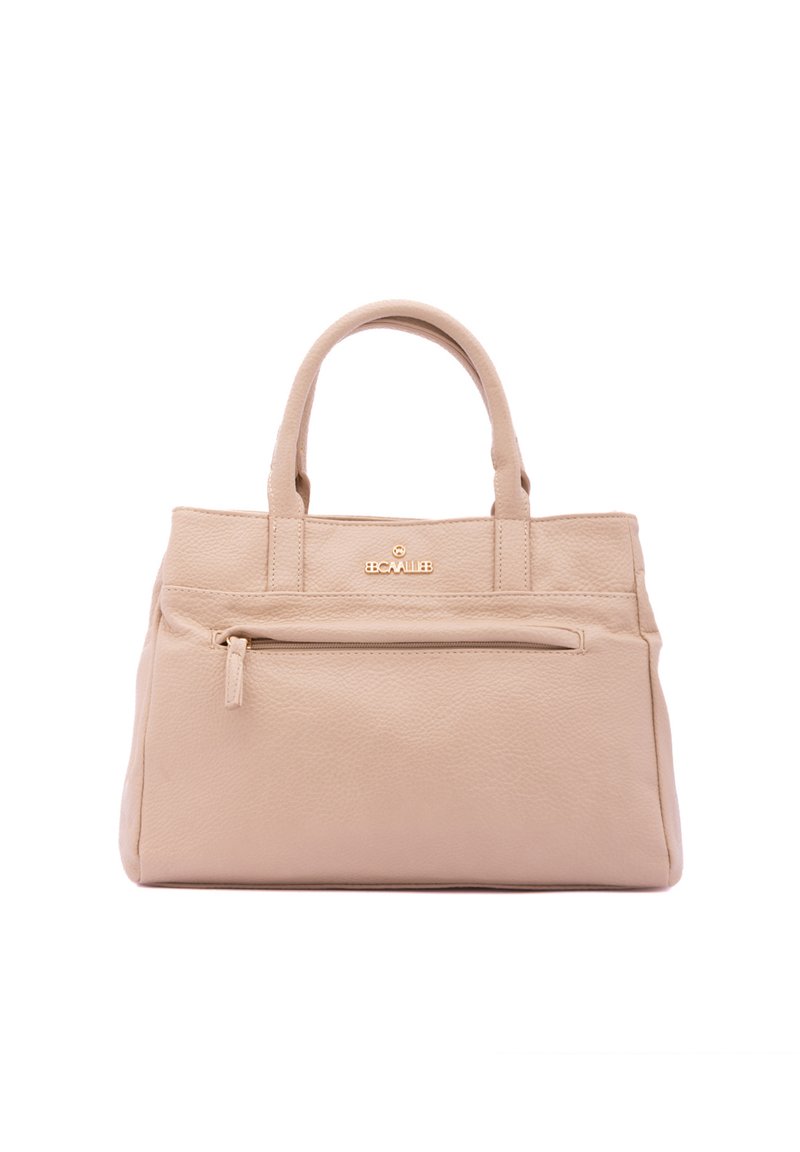Borsa a mano in pelle beige con due manici corti, tasca frontale con cerniera e logo in tonalità oro. Finitura testurizzata e design strutturato.