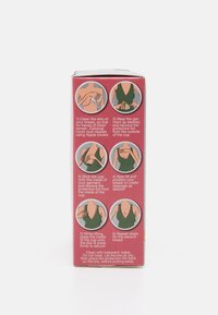 Carton for a breast lift product, with pink background and illustrated step-by-step application instructions in circular graphics.