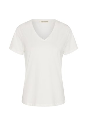 Biała koszulka z krótkim rękawem i dekoltem w serek, o dopasowanym kroju i minimalistycznym designie, prezentowana na jednolitym tle.