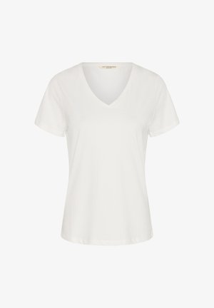 Biała koszulka z krótkim rękawem i dekoltem w serek, o dopasowanym kroju i minimalistycznym designie, prezentowana na jednolitym tle.