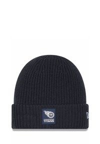 Marineblaue gestrickte Mütze mit umgeklapptem Saum. Verfügt über ein rechteckiges blaues Patch mit dem Logo der Tennessee Titans und Text. Weiche Textur.