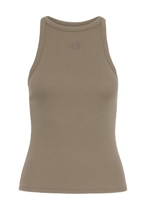 Olive green ribbed tank top with a high neckline and sleeveless design. It features a subtle logo embroidered at the chest.