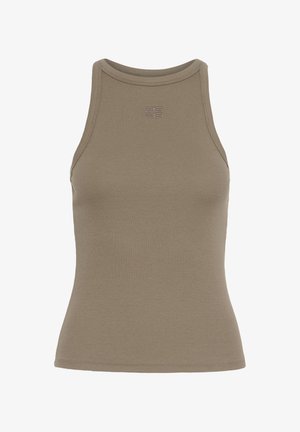 Débardeur côtelé vert olive avec un col montant et un design sans manches. Il présente un logo discret brodé sur la poitrine.